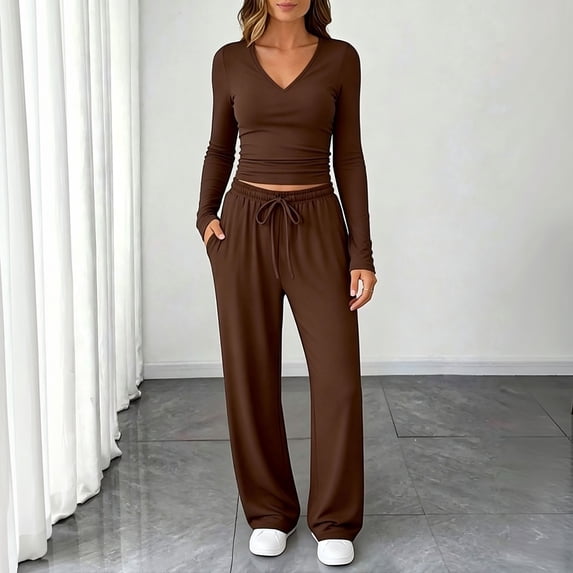 Womens 2 Piece Matching Lounge Sweat Sets Fall Outfits Airport Travel Outfits Coffee 2XL