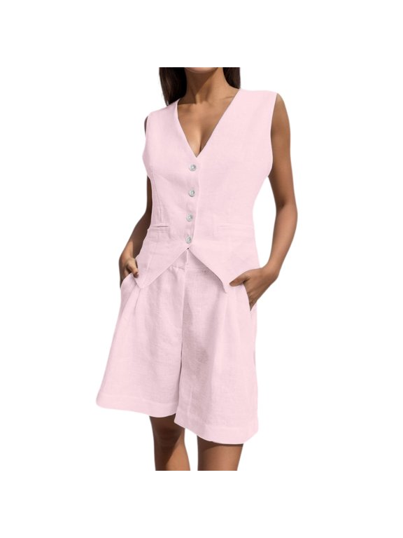 Womens 2 Piece Matching Sets 2026 Fashion Suit Vest Button Down Tops Shorts Set Spring Business Casual Vacation Outfits