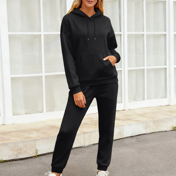 Womens 2 Piece Matching Sets Oversized Hoodie & Sweatpants, Fall Y2K Lounge Sweatsuit Tracksuits Black XXL