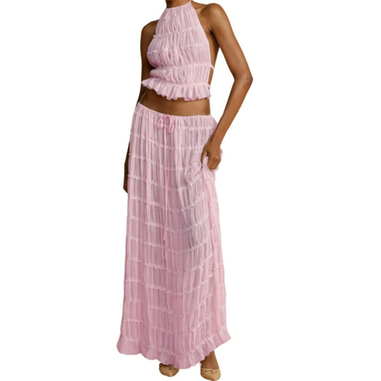 Womens 2 Piece Maxi Skirt Outfits Lace Up Sleeveless Tank Top and Flowy  Long Skirt Summer Beachwear Set - Walmart.com