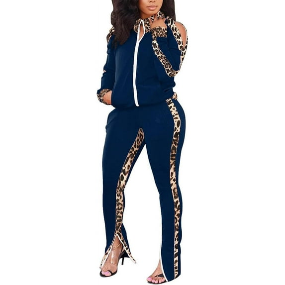 Womens 2 Piece Outfit Cold Shoulder Zipper up Long Sleeve Jacket and Pants Set Joggers Tracksuits