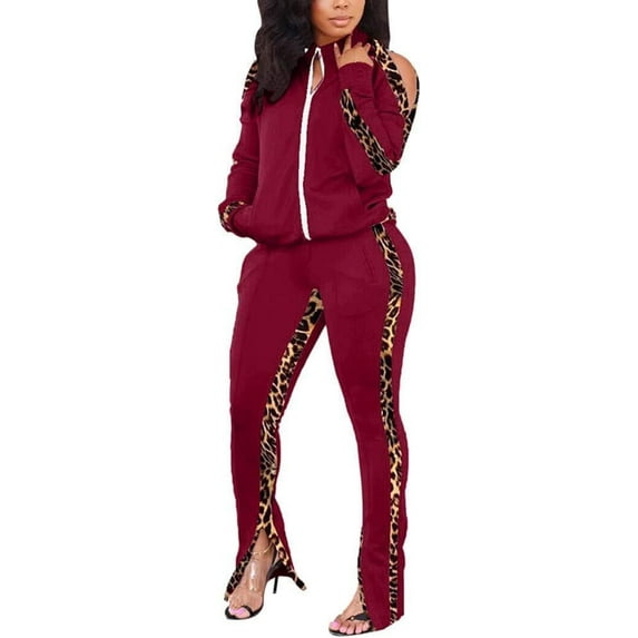 Womens 2 Piece Outfit Cold Shoulder Zipper up Long Sleeve Jacket and Pants Set Joggers Tracksuits