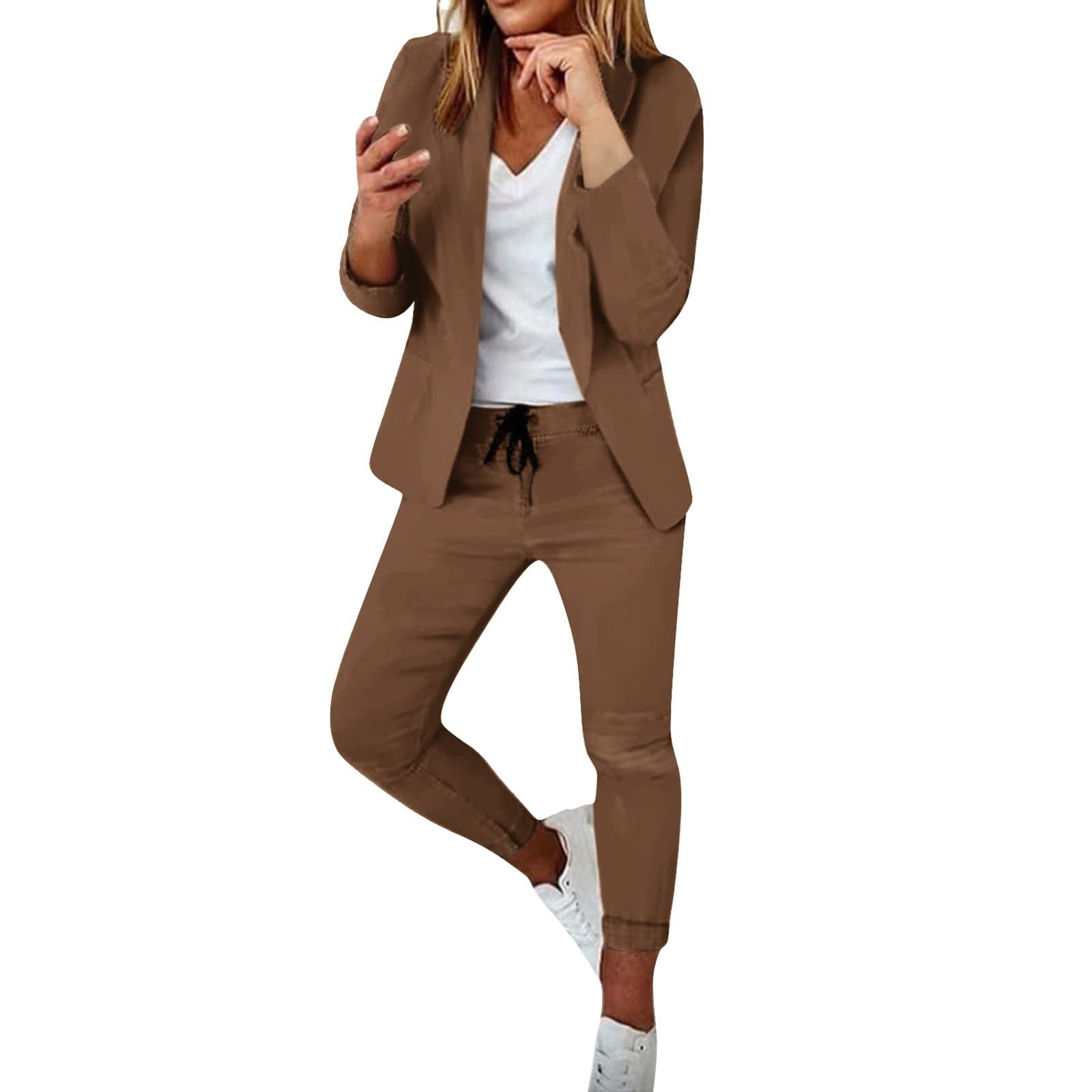 Womens 2 Piece Outfit Dressy Casual Solid Long Sleeve Blazer Jackets Comfy  Drawstring Waist Jogger Pants Elegant Business Suit Sets(M,Coffee) 