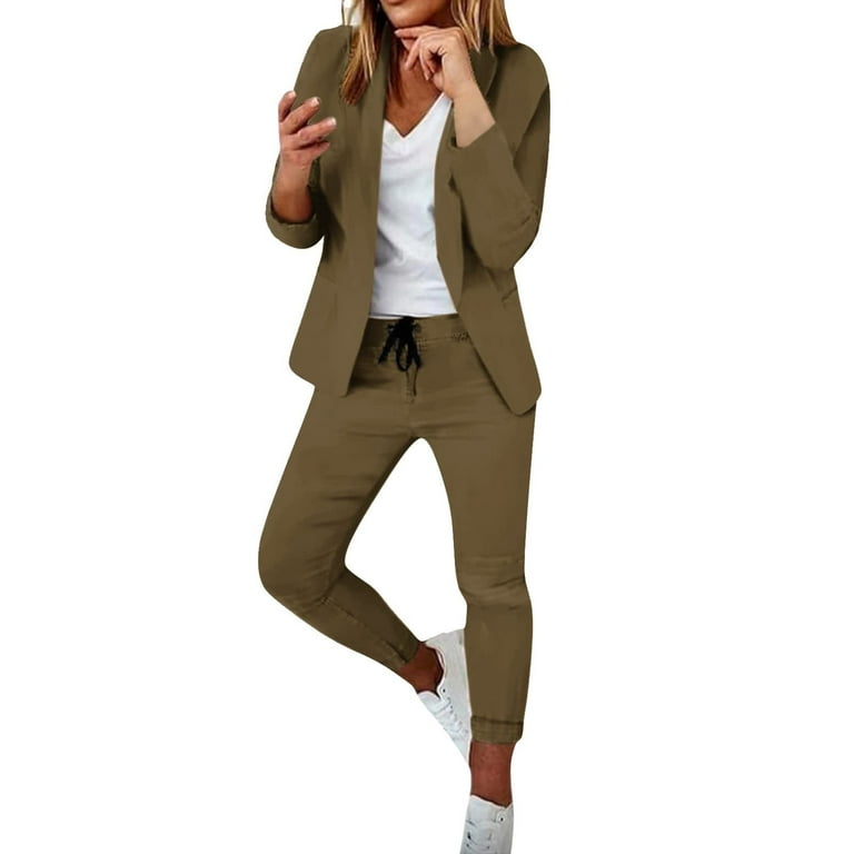 Womens 2 Piece Outfit Dressy Casual Solid Long Sleeve Blazer Jackets Comfy  Drawstring Waist Jogger Pants Elegant Business Suit Sets(M,Brown) 