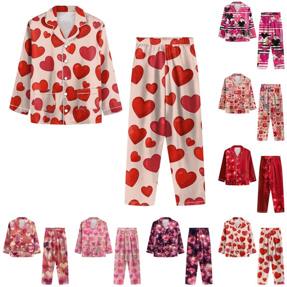 Womens 2 Piece Outfit Pajamas Pants Set Heart Print LongSleeve Button Shirt with Long Pants Loungewear Pink L