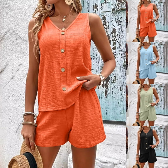 Womens 2 Piece Outfit Set V Neck Sleeveless Tank Tops and Shorts Solid Color Loose Summer Matching Sets S-2XL