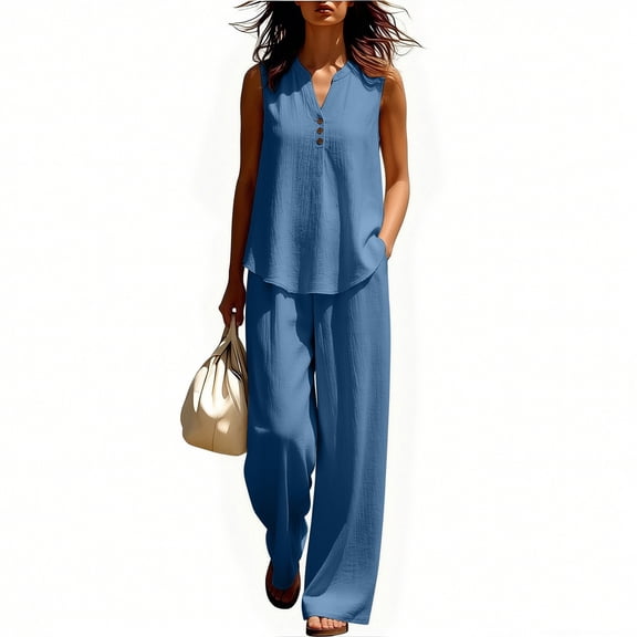 Womens 2 Piece Outfit Sets 100% Cotton V-Neck Button-Front Blouse with Matching Flowy Trousers