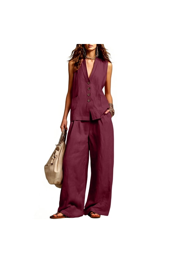 Womens 2 Piece Outfit Sets 100% cotton V-Neck Button-Front Blouse & Matching Flowy Trousers