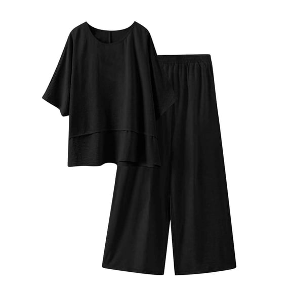 Womens 2 Piece Outfit Sets Plus Size Loose Fit Short Sleeve Top + High Waist Wide Leg Pants, Casual Lounge Wear