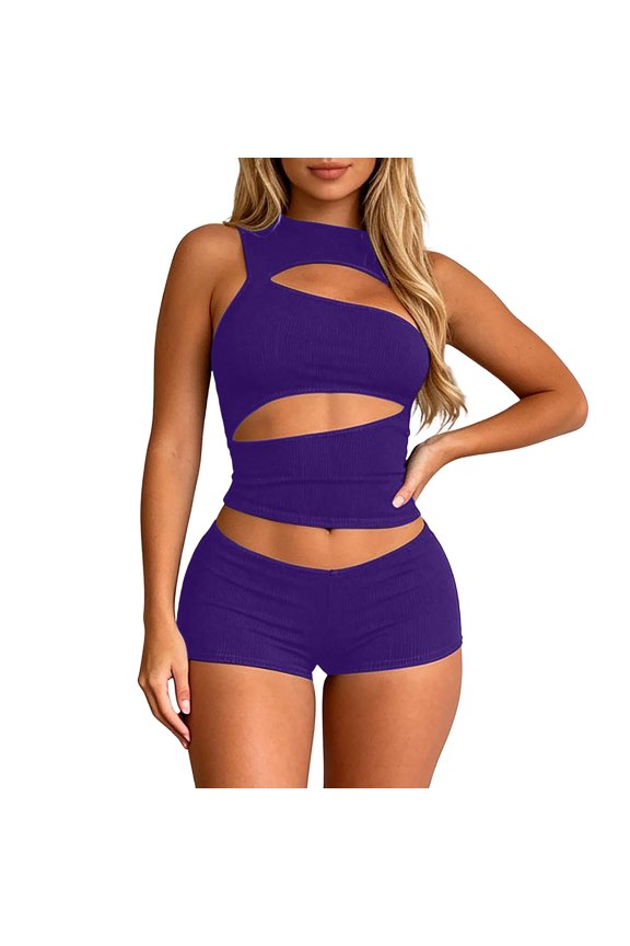 Womens 2 Piece Outfit Sleeveless Cutout Crop Top High Waist Shorts Ribbed Street Club Matching Set
