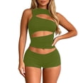 thumbnail image 1 of Womens 2 Piece Outfit Sleeveless Cutout Crop Top High Waist Shorts Ribbed Street Club Matching Set, 1 of 5