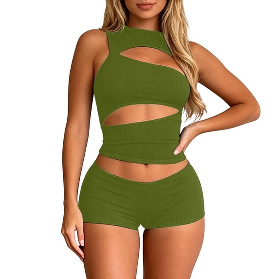 Womens 2 Piece Outfit Sleeveless Cutout Crop Top High Waist Shorts Ribbed Street Club Matching Set