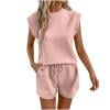 Womens 2 Piece Outfit Sleeveless Tops Shorts Set Solid Color Summer Casual Trendy Holiday Travel Texture Lounge Sets S-2XL