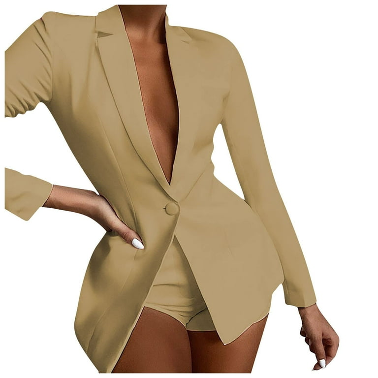 Womens 2 Piece Outfit Suit Plain Trouser Suit Long Sleeve Notched One  Button Blazer Jacket + Shorts Solid Work Business Office Wedding Guests  Casual