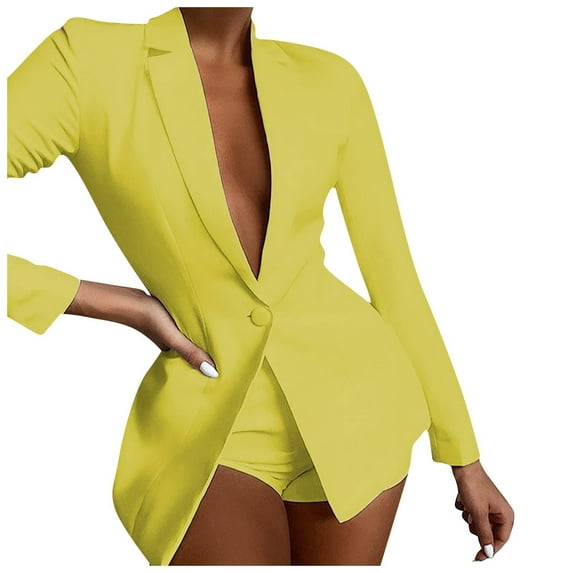 Womens 2 Piece Outfit Suit Plain Trouser Suit Long Sleeve Notched One Button Blazer Jacket + Shorts Solid Work Business Office Wedding Guests Casual Suit Set Ladies Clearance