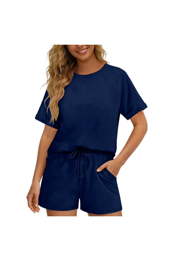 Womens 2 Piece Outfit Summer Solid Color Crew Neck Short Sleeve Top and Shorts Casual Loose Sweatsuit Set
