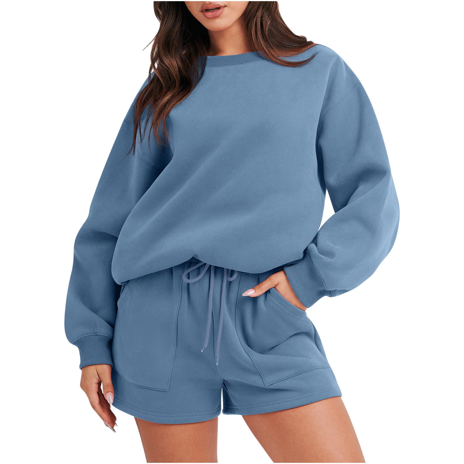 Womens 2 Piece Outfit Sweatsuit Plain Tracksuit Set Long Sleeve Crewneck Loose Sweatshirt Lounge Shorts with Pockets Ladies Casual Solid Color Jumper