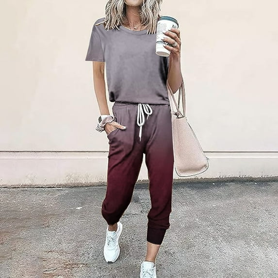 Womens 2 Piece Outfits 2024 Gradient Color Tracksuit Sets Short Sleeve Tops Long Pants Jogger Lounge Set Women's Fashionable Loose Fitting Short Sleeved Casual Sports Set