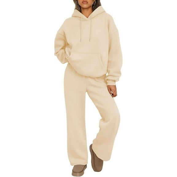 Womens 2 Piece Outfits 2024 Sweatsuit Set Track Suits Oversized Hoodie Sweatshirts Wide Leg Sweatpants with Pockets Beige M