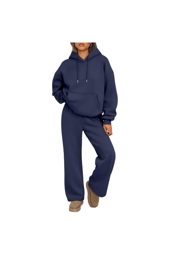 Womens 2 Piece Outfits 2024 Sweatsuit Set Track Suits Oversized Hoodie Sweatshirts Wide Leg Sweatpants with Pockets Dark Blue S