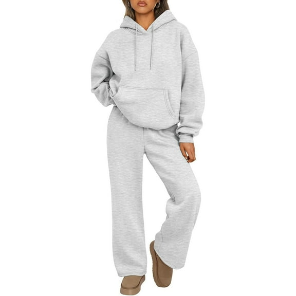 Womens 2 Piece Outfits 2024 Sweatsuit Set Track Suits Oversized Hoodie Sweatshirts Wide Leg Sweatpants with Pockets Light Gray XL