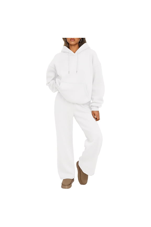 Womens 2 Piece Outfits 2024 Sweatsuit Set Track Suits Oversized Hoodie Sweatshirts Wide Leg Sweatpants with Pockets White M