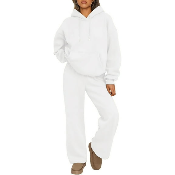 Womens 2 Piece Outfits 2024 Sweatsuit Set Track Suits Oversized Hoodie Sweatshirts Wide Leg Sweatpants with Pockets White XL