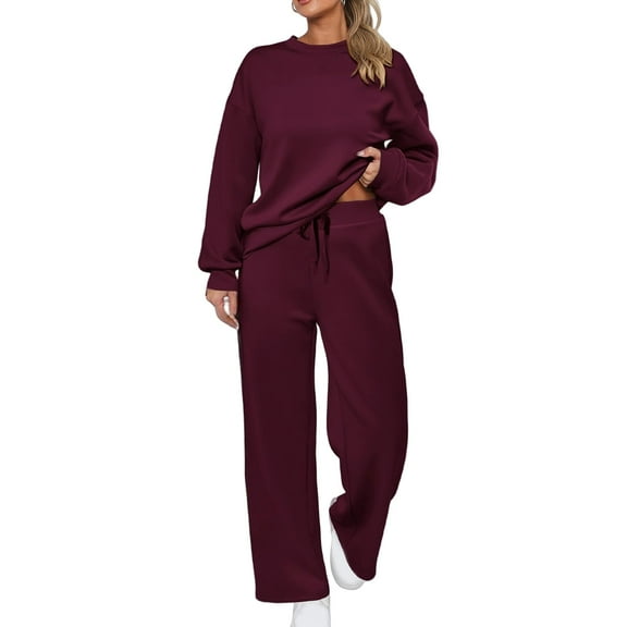 Womens 2 Piece Outfits 2025 Fall Long Sleeve Sweatshirt Wide Leg Pants Lounge Sets Winter Sweatsuits Tracksuit Wine L