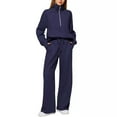 thumbnail image 1 of Womens 2 Piece Outfits 2025 Sweatshirts Set Half Zip Cropped Pullover Fall Matching Sweatshirt with Wide Leg Sweatpants Casual Suit Outfits Dark Blue L, 1 of 4