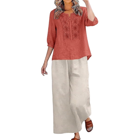 Womens 2 Piece Outfits 3/4 Sleeve Cotton Linen Embroidered Shirts Wide Leg Capri Pants with Pockets Matching Sets