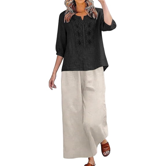 Womens 2 Piece Outfits 3/4 Sleeve Cotton Linen Embroidered Shirts Wide Leg Capri Pants with Pockets Matching Sets