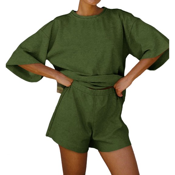 Women 2 Piece Outfits 3/4 Sleeve Tops and Elastic Waist Shorts Lounge Sets