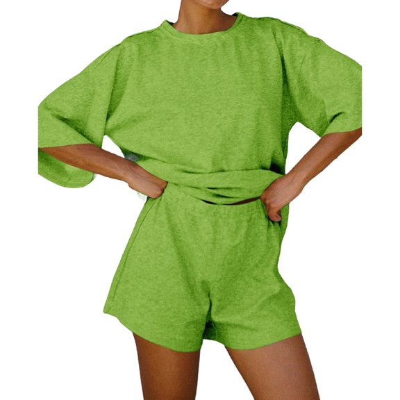 Women 2 Piece Outfits 3/4 Sleeve Tops and Elastic Waist Shorts Lounge Sets