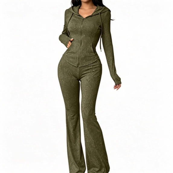Womens 2 Piece Outfits Athleisure Sets Ribbed Long Sleeve Zip Up Hoodie and Flare Pants Matching Sets Bodycon Workout Tracksuit Casual Going Out Outfits