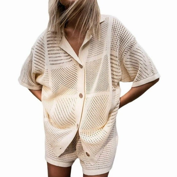 Womens 2 Piece Outfits Buttons Knit Top Crochet Shorts Casual Summer Outfits  L