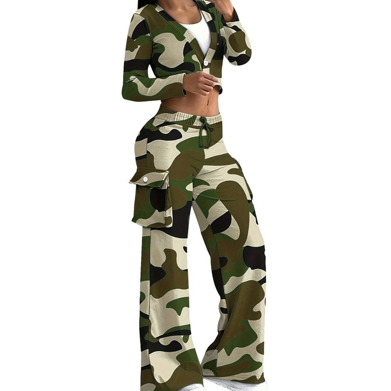 Womens Piece Outfits Camo Cargo Sets Long Sleeve V Neck One