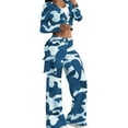 thumbnail image 1 of Womens 2 Piece Outfits Camo Cargo Sets Long Sleeve V Neck One Button Crop Top with Wide Leg Pant with Pockets (L, Sky Blue), 1 of 5