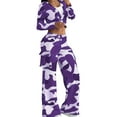 thumbnail image 1 of Womens 2 Piece Outfits Camo Cargo Sets Long Sleeve V Neck One Button Crop Top with Wide Leg Pant with Pockets (M, Purple), 1 of 5