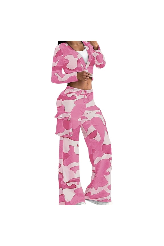 Womens 2 Piece Outfits Camo Cargo Sets Long Sleeve V Neck One Button Crop Top with Wide Leg Pant with Pockets (S, Pink)