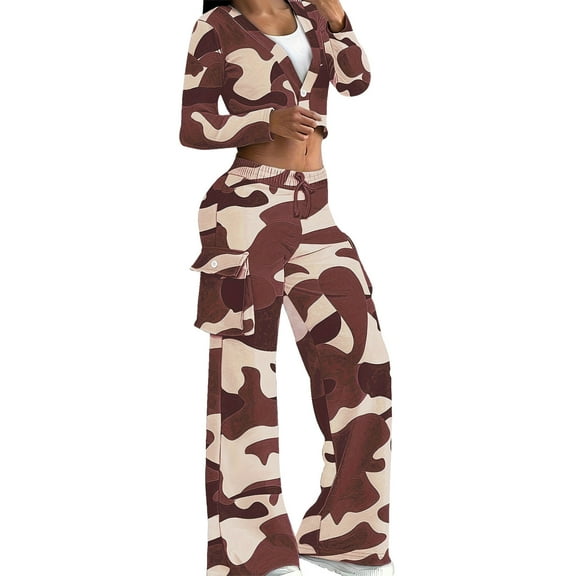 Womens 2 Piece Outfits Camo Cargo Sets Long Sleeve V Neck One Button Crop Top with Wide Leg Pant with Pockets (XL, Wine)