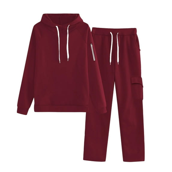Womens 2 Piece Outfits Casual Hoodie Sweatsuit Sets Oversized Sweatshirt Baggy Fall Comfy Sweatpants with Pockets New 2 Piece Casual Sets for Women Wine M