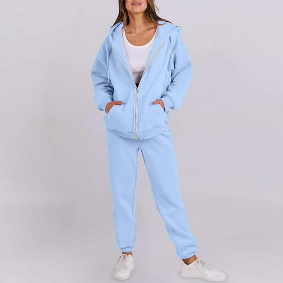 Womens 2 Piece Outfits Casual Hoodie Sweatsuit Sets Oversized Zip up Sweatshirt Baggy Sweatpants with Pockets New Outfits for Women 2 Piece Sets Plus Size Light Blue 3XL