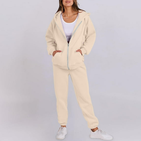 Womens 2 Piece Outfits Casual Hoodie Sweatsuit Sets Oversized Zip up Sweatshirt Baggy Sweatpants with Pockets New Women Airport Outfits Sets Winter Khaki XL