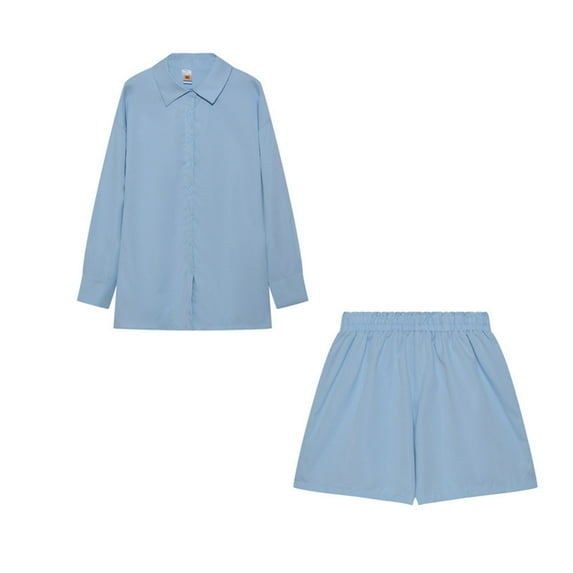 Womens 2 Piece Outfits Casual Loose Lapel Long Sleeve Button down Shirts and Wide Leg Shorts Lounge Sets Tracksuits