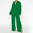 thumbnail image 1 of Womens 2 Piece Outfits Casual Loungewear Set Button down Long Sleeve Shirt and Wide Leg Pants Solid Streetwear Suits New Tracksuit Sets for Women 2 Piece Green S, 1 of 8