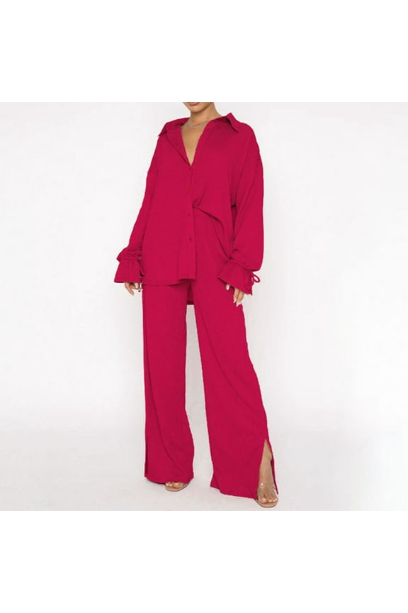 Womens 2 Piece Outfits Casual Loungewear Set Button down Long Sleeve Shirt and Wide Leg Pants Solid Streetwear Suits New Two Piece Pants Set for Women Work Pinks M