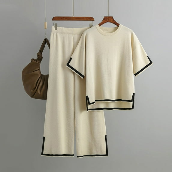 Womens 2 Piece Outfits Casual Short Sleeve Knit Sweater Tops Wide Leg Pants Lounge Sets