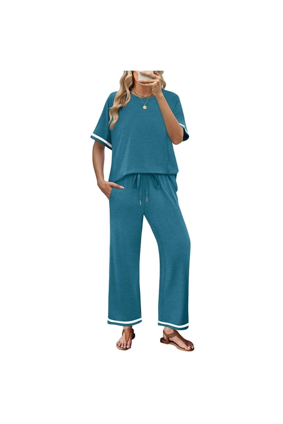 Womens 2 Piece Outfits Casual Short Sleeve Lounge Set Summer Tracksuits Matching Sets Beach Fashion Travel Outfits