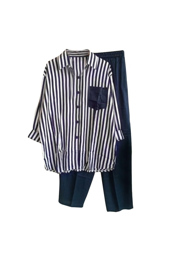 Womens 2 Piece Outfits Casual Stripes Long Sleeve Button down Shirts and Wide Leg Pants Matching Sets Tracksuits Blue