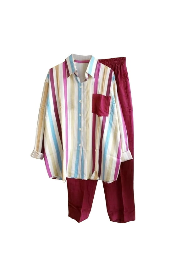 Womens 2 Piece Outfits Casual Stripes Long Sleeve Button down Shirts and Wide Leg Pants Matching Sets Tracksuits Red